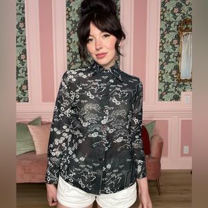 70s 1970s Vintage Puccini Novelty dagger collar button down sheer blouse